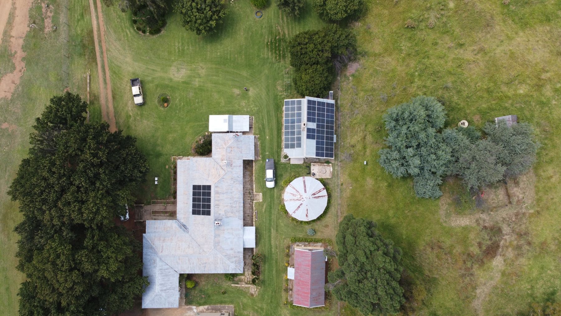 Aerial view of a 24 kW solar install on a farm in Harrismith, Free State