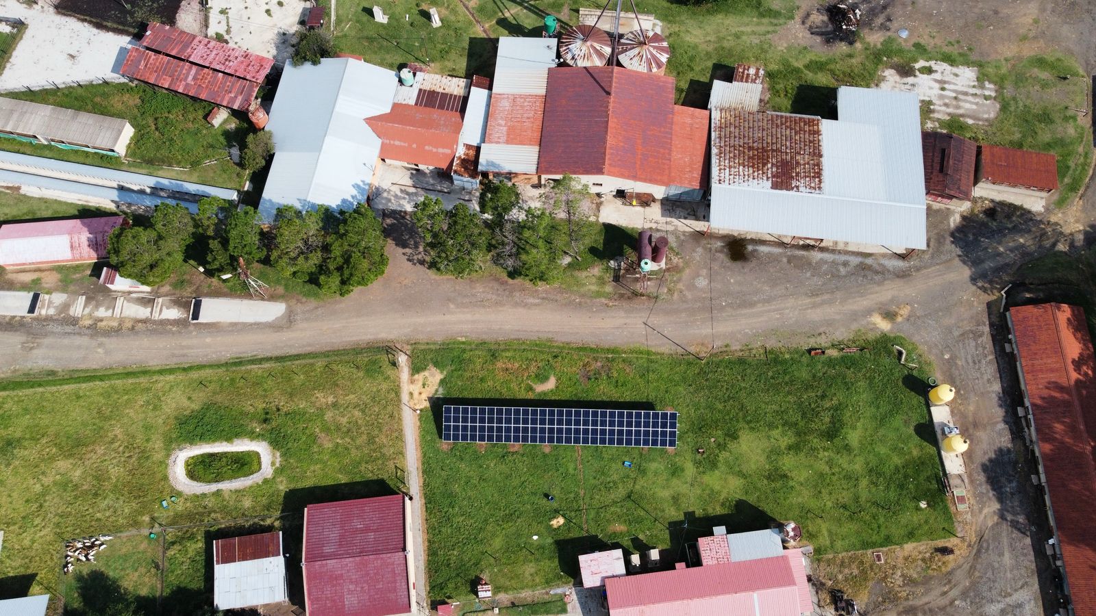 Aerial view of a 30 kW ground-mounted solar array on a farm in Parys, Free State